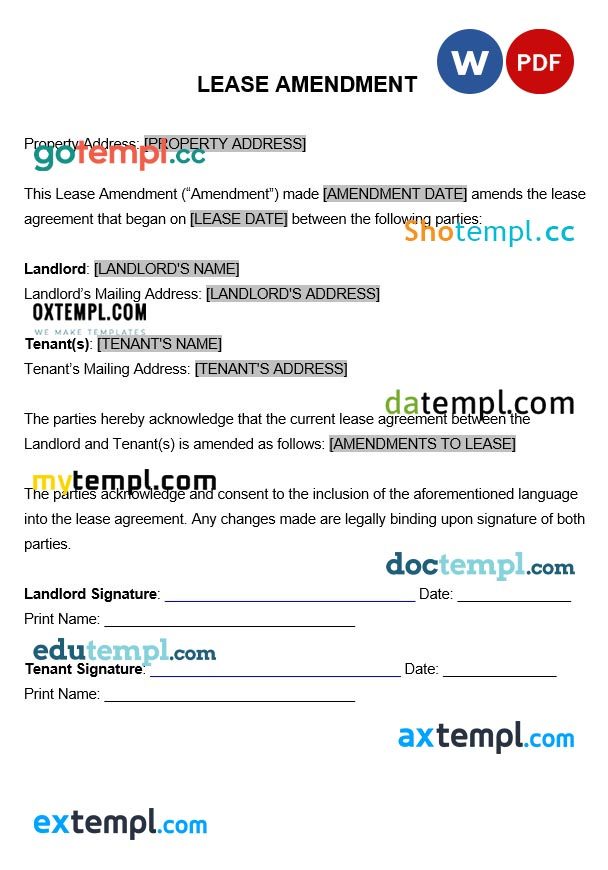 Lease Amendment Form word example, fully editable