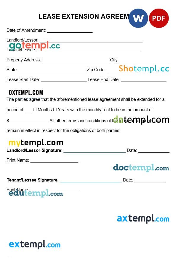 Lease Extension Agreement Word example, fully editable