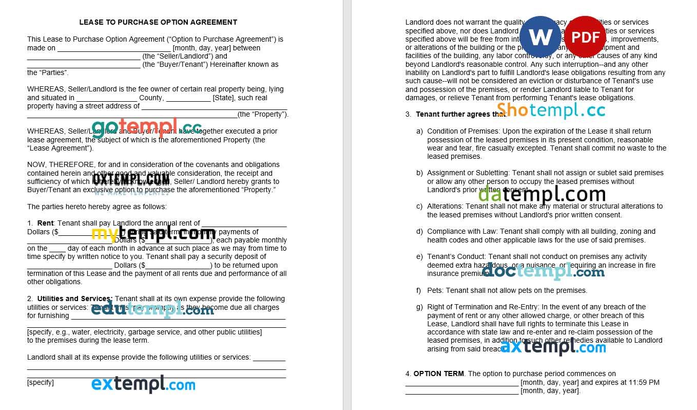 Lease to Own Option to Purchase Agreement Word example, fully editable