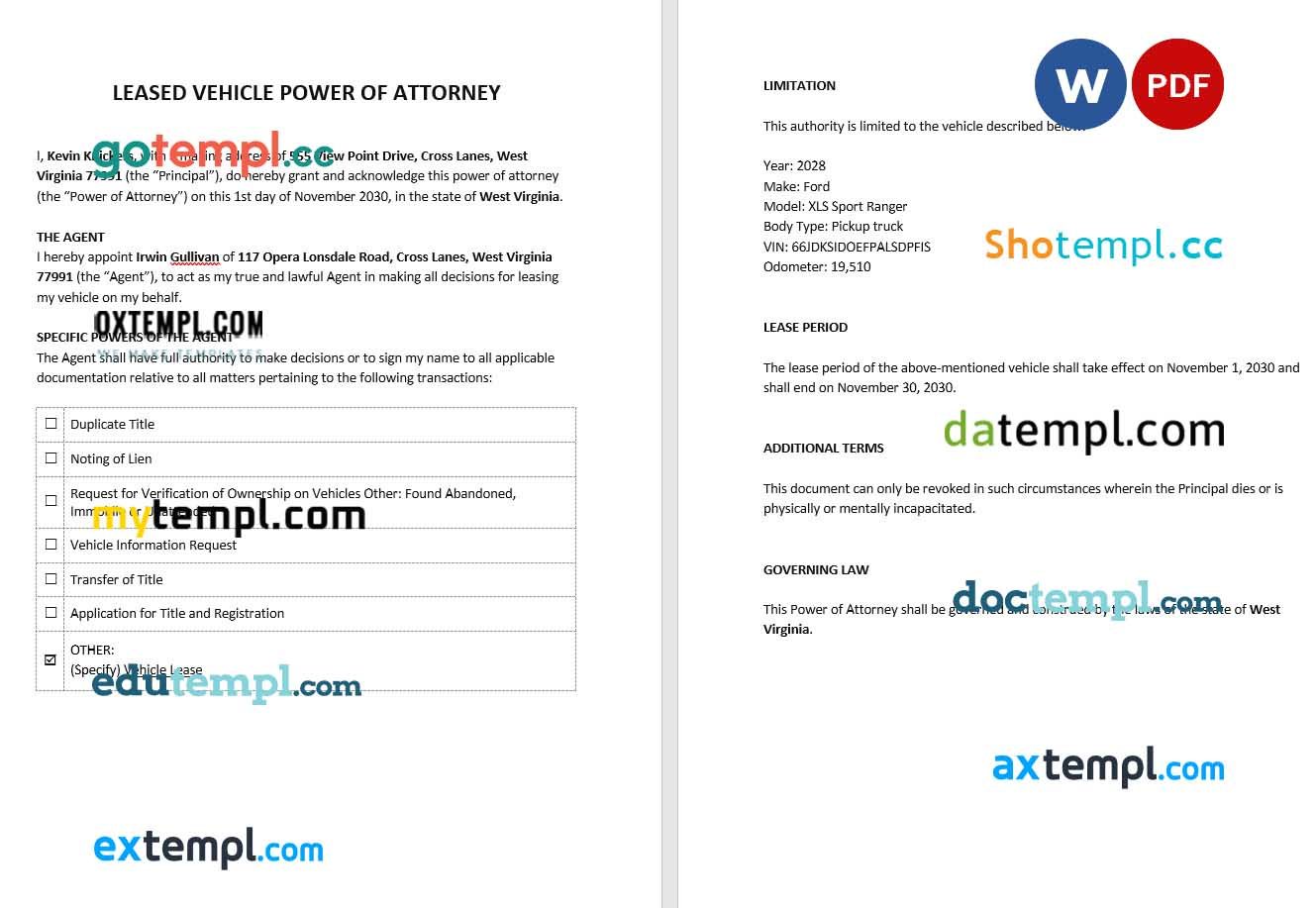 Leased Vehicle Power of Attorney example, fully editable