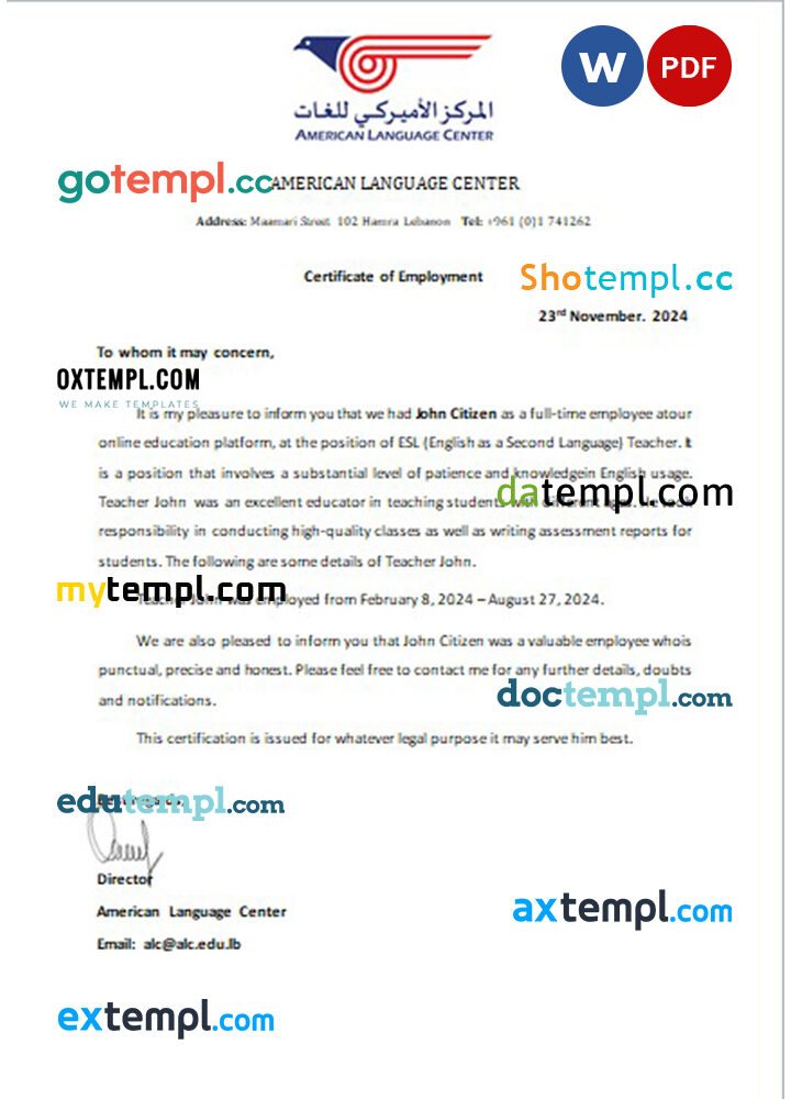 Lebanon American Language Center certificate of employment Word and PDF download template