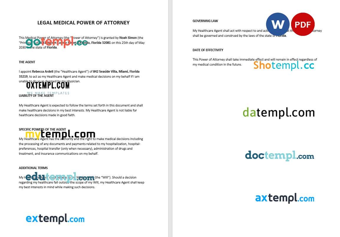 Legal Medical Power of Attorney example, fully editable