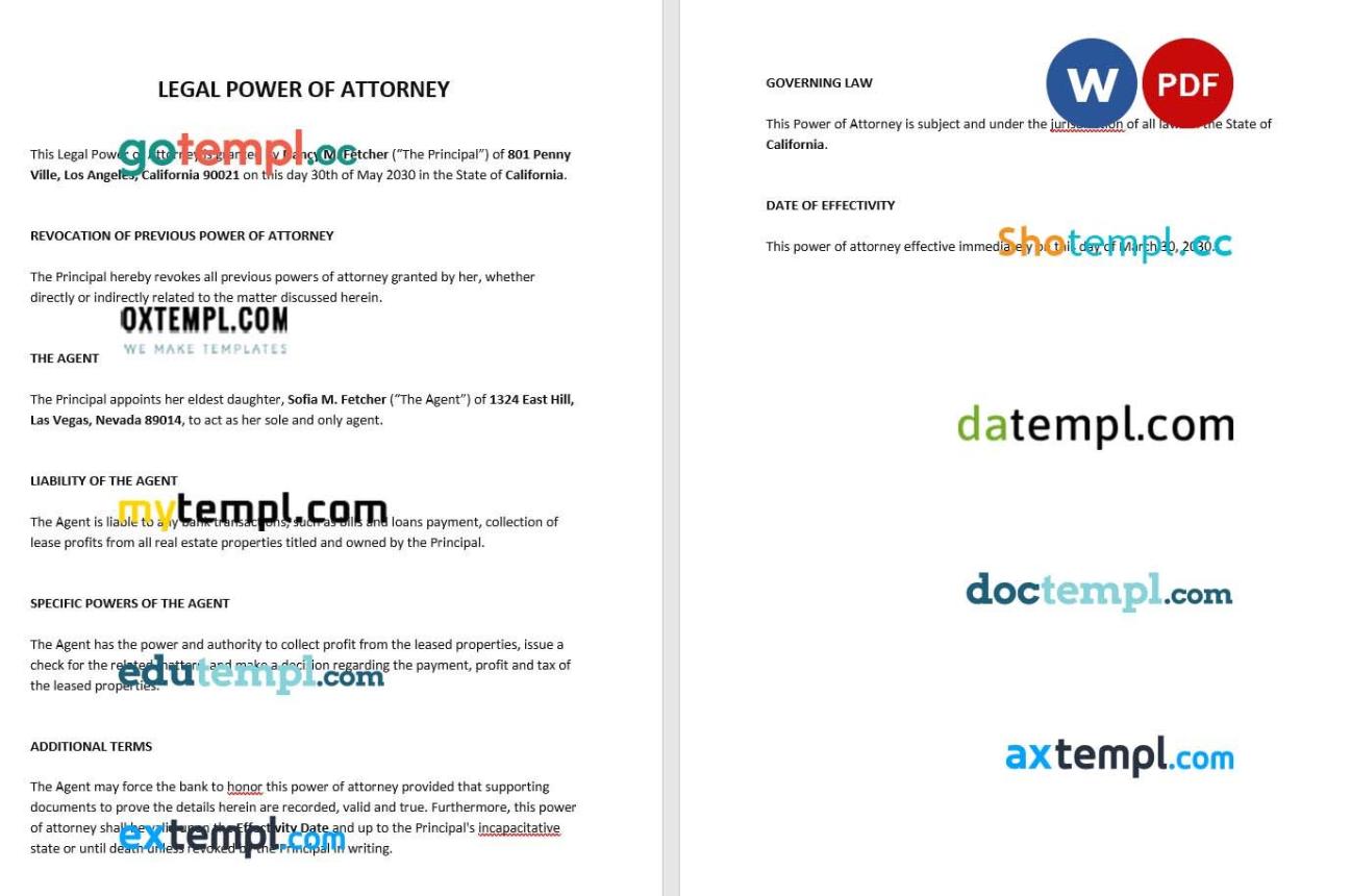 Legal Power of Attorney example, fully editable