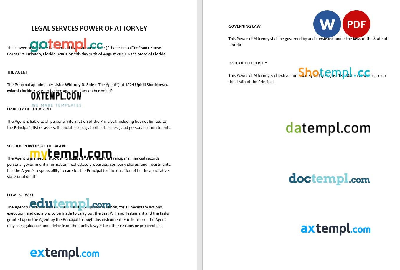 Legal Services Power of Attorney example, fully editable