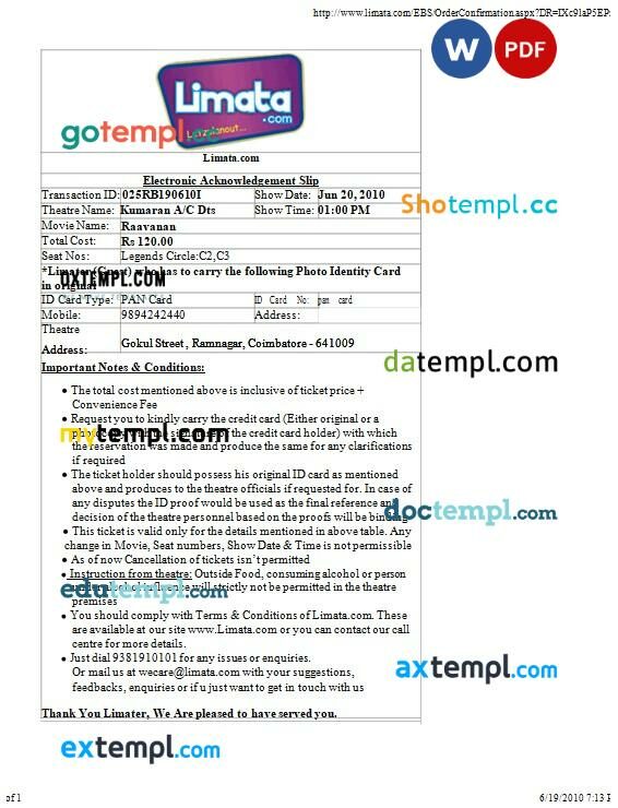 Limata show e-ticket, Word and PDF download template