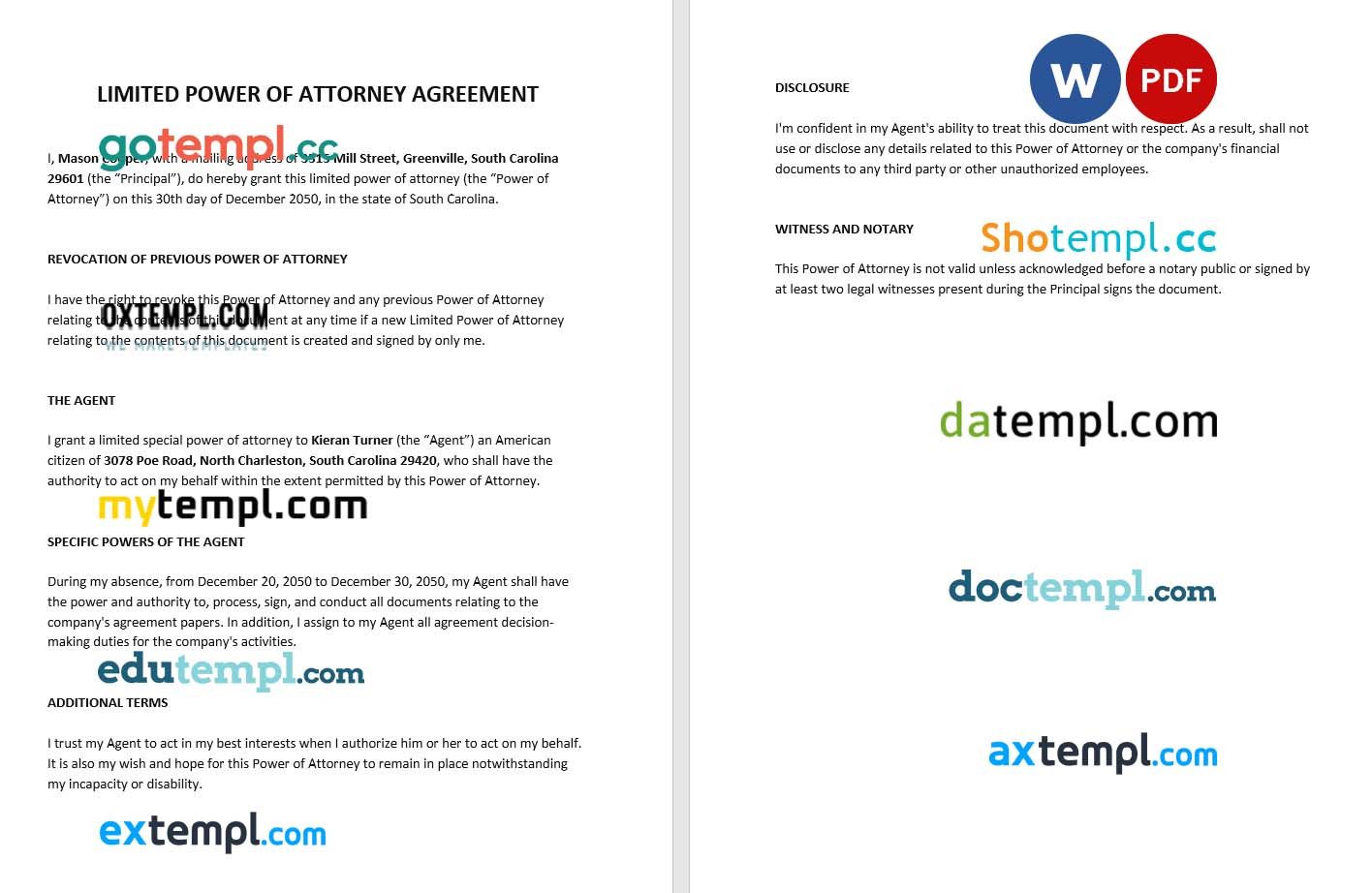 Limited Power of Attorney Agreement example, fully editable