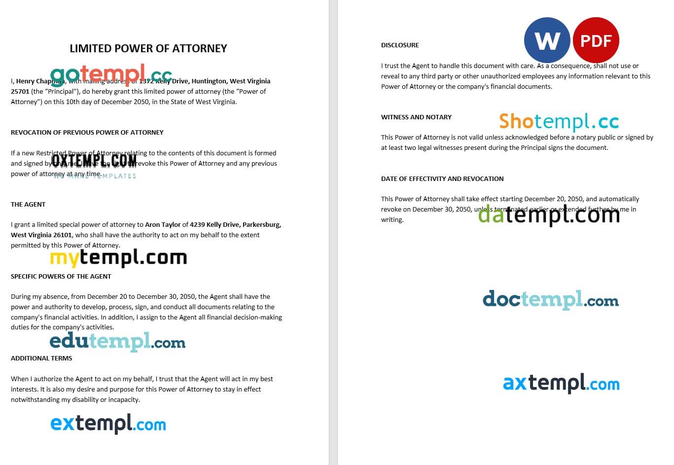 Limited Power of Attorney Form example, fully editable