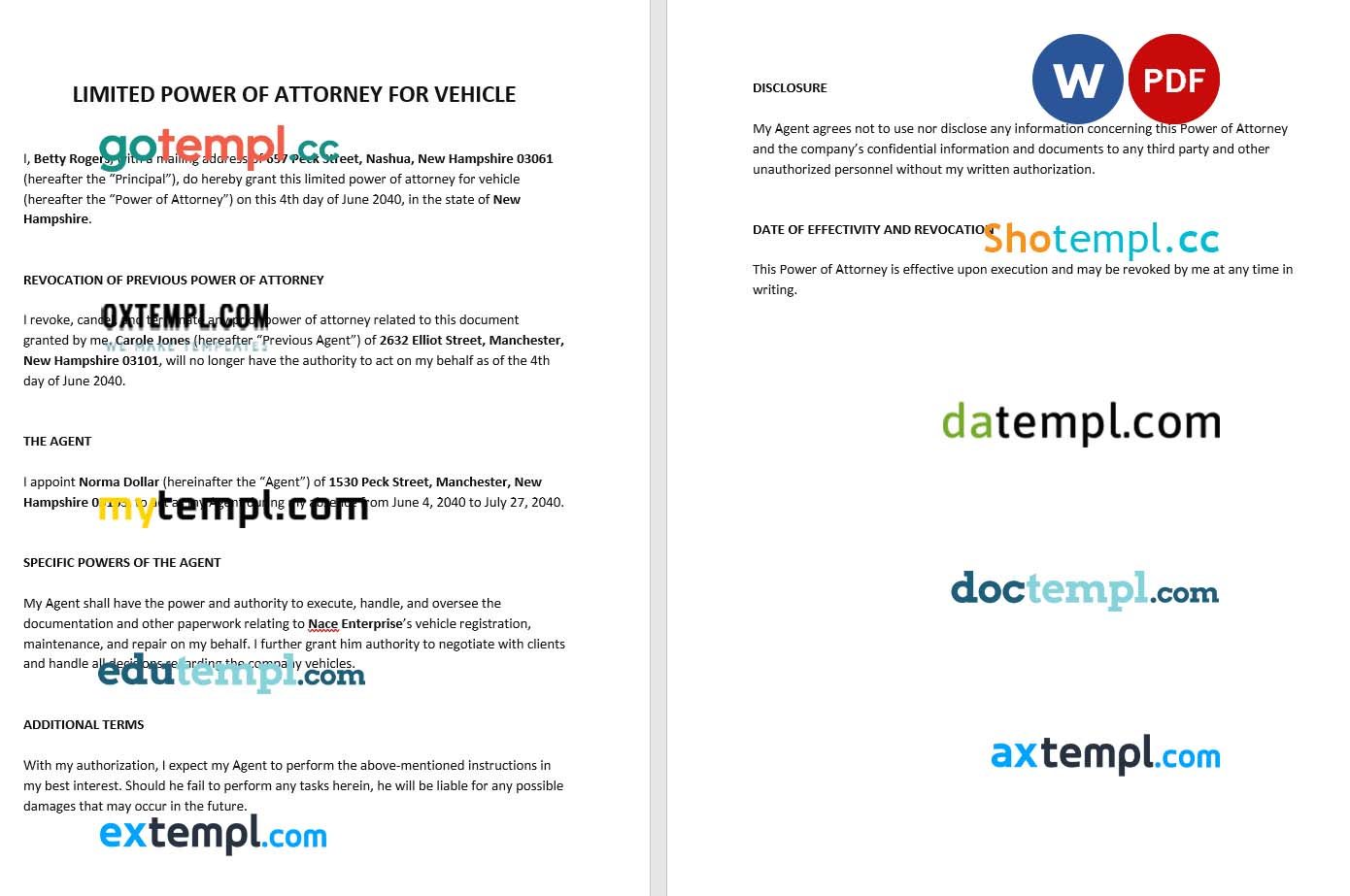 Limited Power of Attorney for Vehicle example, fully editable