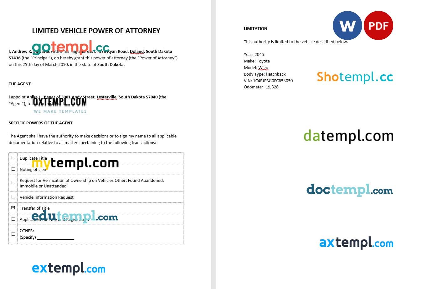Limited Vehicle Power of Attorney example, fully editable