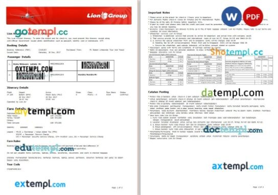 Lion Air airplane e-ticket, Word and PDF download template, 3 pages