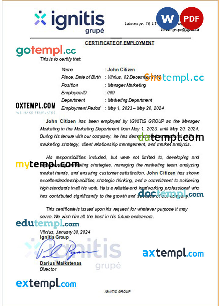 Lithuania Ignitis Group certificate of employment Word and PDF download template