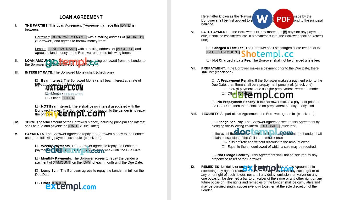 Loan Agreement version 1 Word example, fully editable