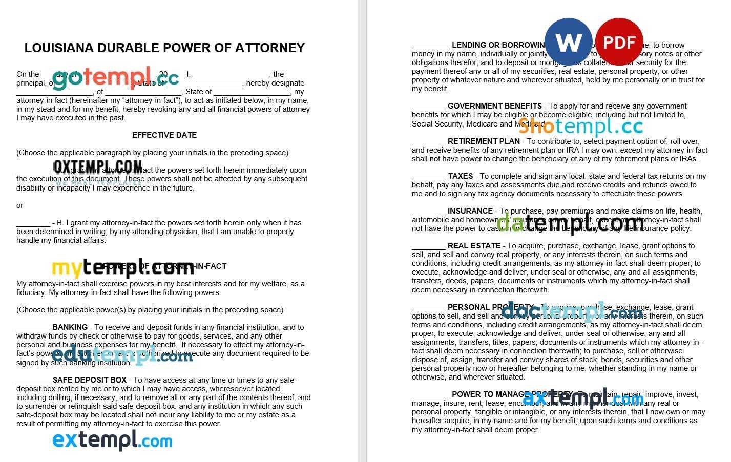 Louisiana Durable Power of Attorney Form example, fully editable