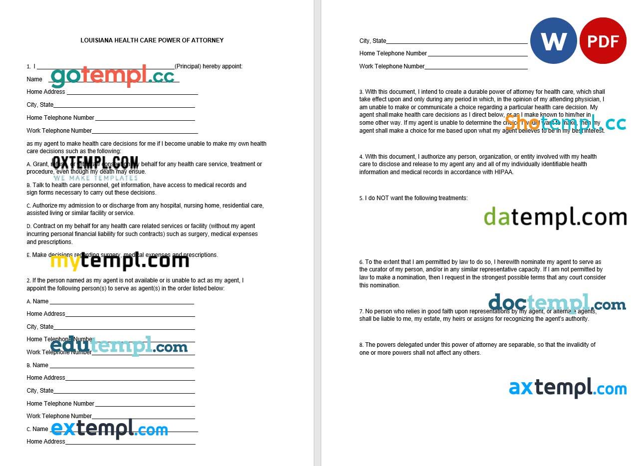 Louisiana Health Care Power of Attorney Form example, fully editable