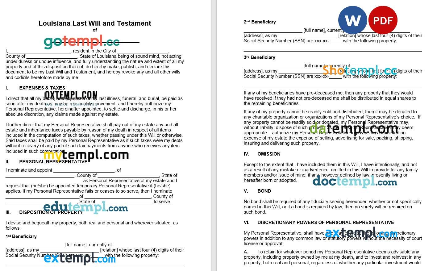 Louisiana Last Will and Testament example, fully editable