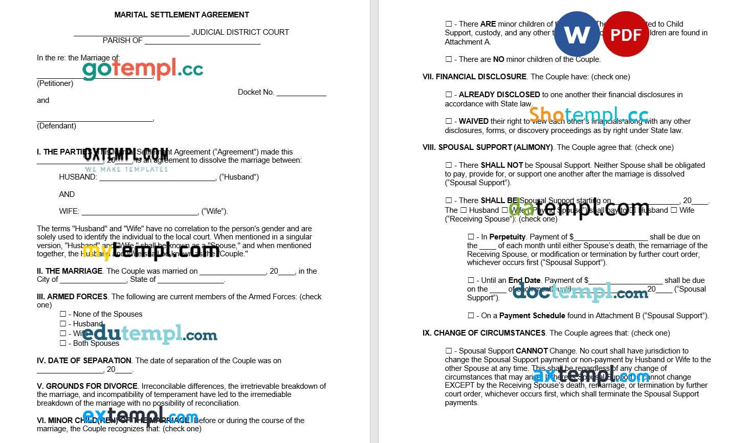 Louisiana Marital Settlement Agreement Word example, fully editable