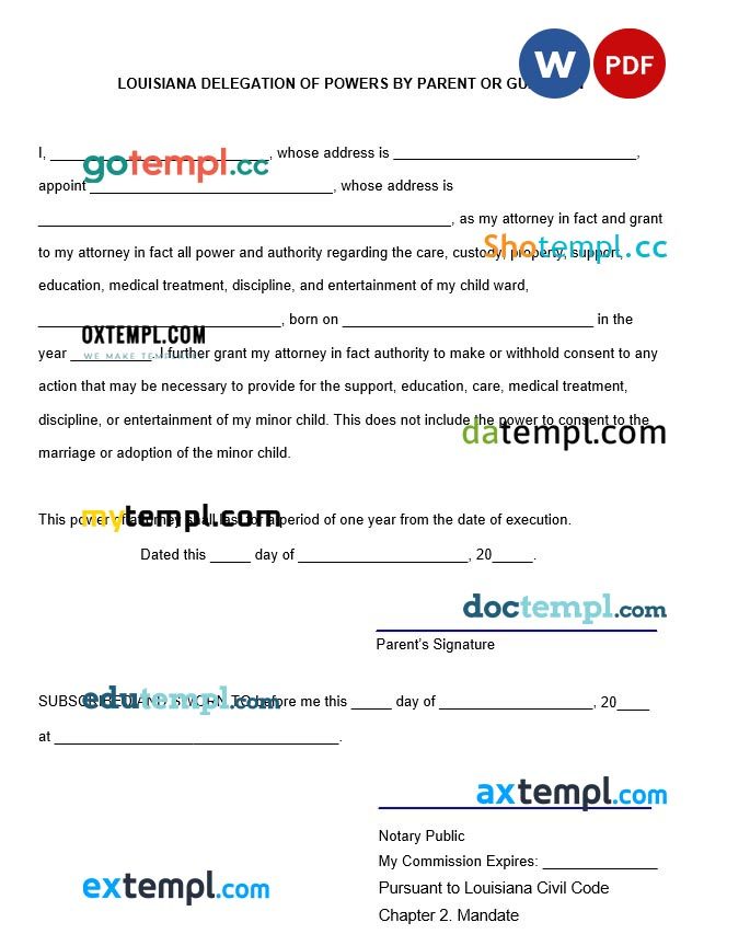 Louisiana Minor Children Power of Attorney Form example, fully editable