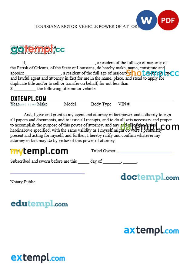 Louisiana Motor Vehicle Power of Attorney Form example, fully editable