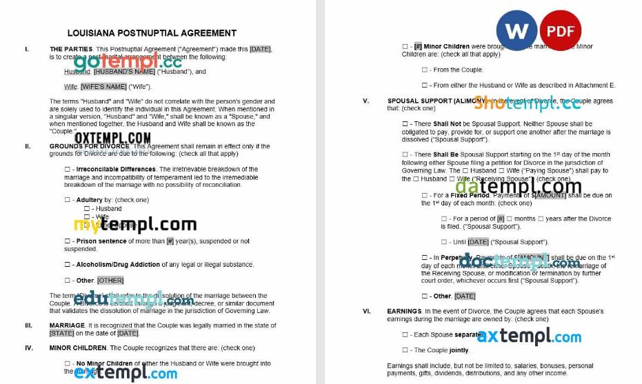 Louisiana Postnuptial Agreement Word example, completely editable