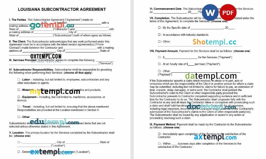 Louisiana Subcontractor Agreement Word example, fully editable