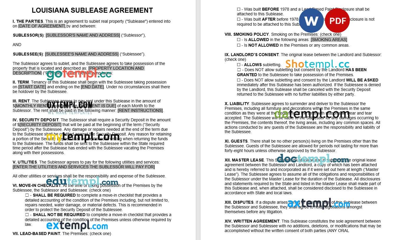 Louisiana Sublease Agreement Word example, fully editable