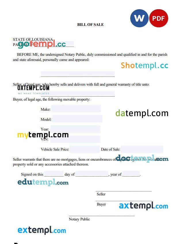 Louisiana Vehicle Bill of Sale Form example, fully editable