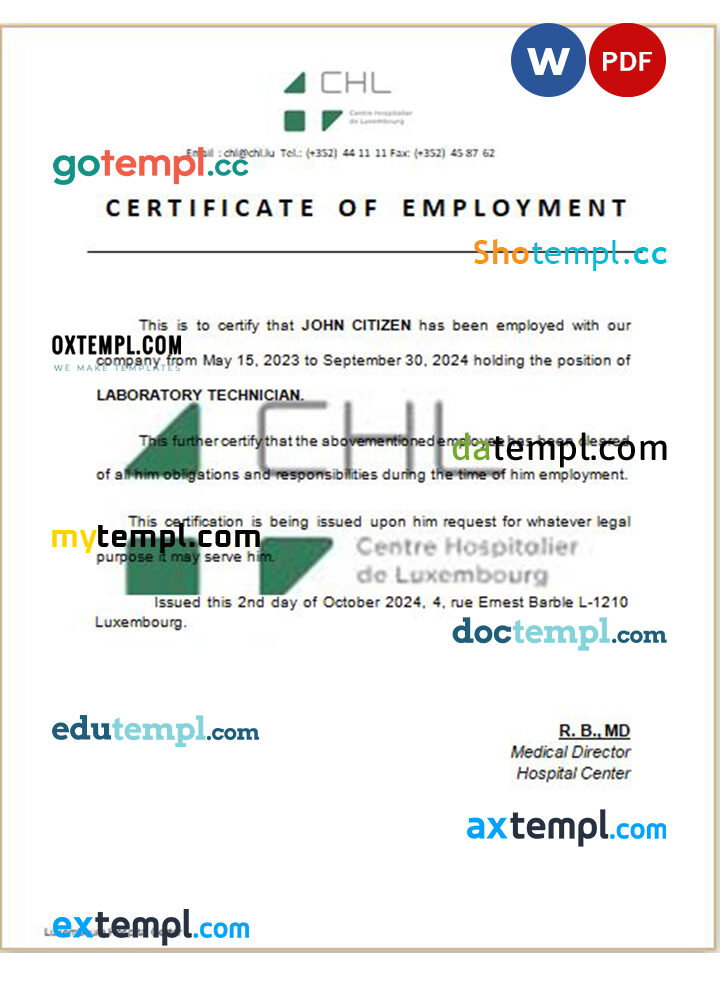 Luxembourg Hospital Center certificate of employment Word and PDF download template