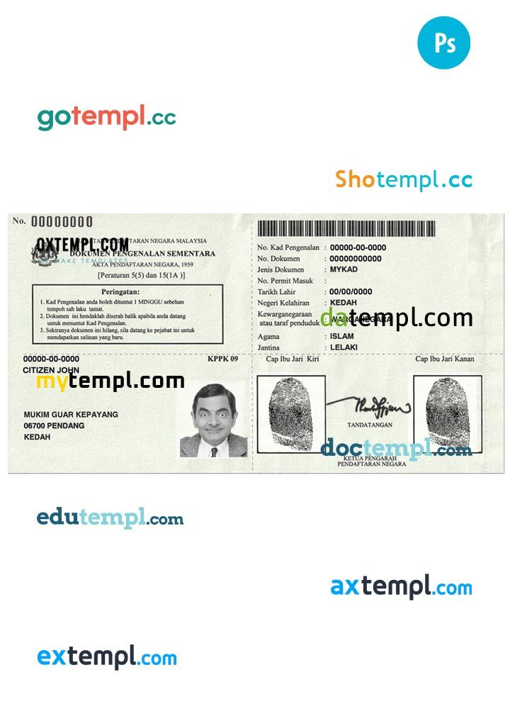 Malaysian Temporary Identification Certificate PSD example, 2016