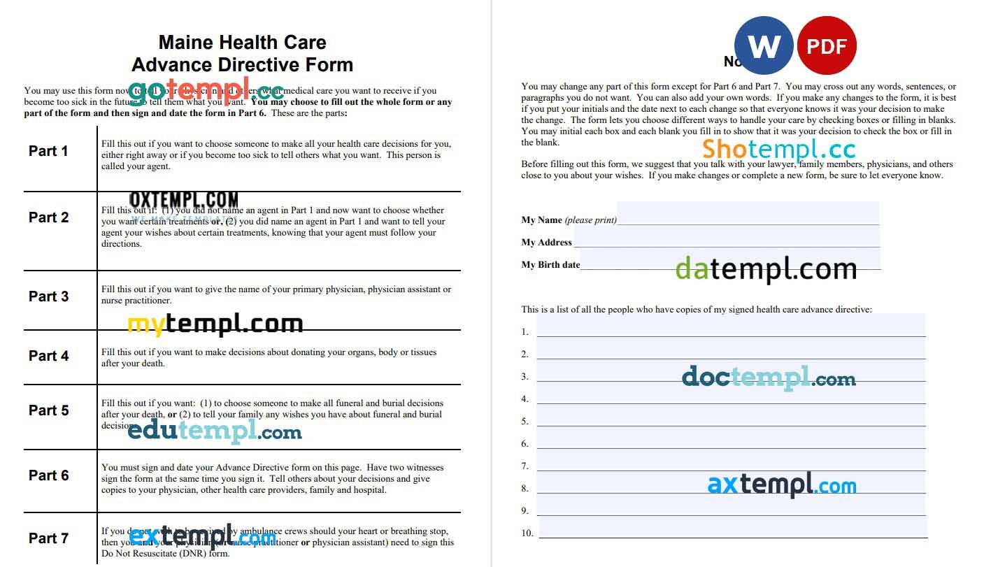 Maine Advance Health Care Directive example, fully editable