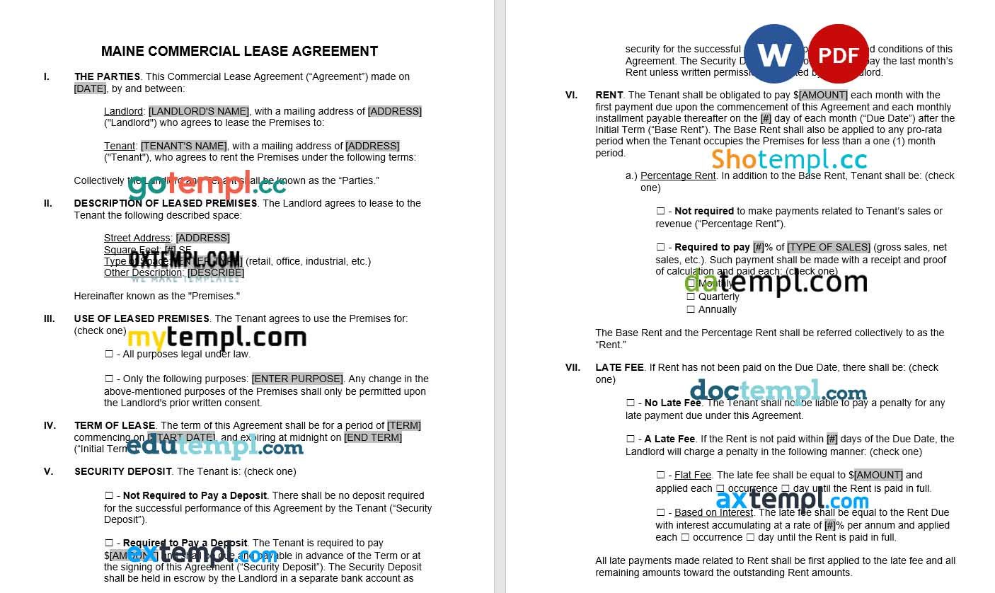 Maine Commercial Lease Agreement Word example, fully editable