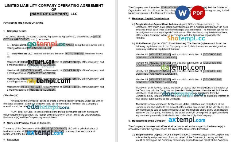 Maine LLC Operating Agreement Word example, fully aditable