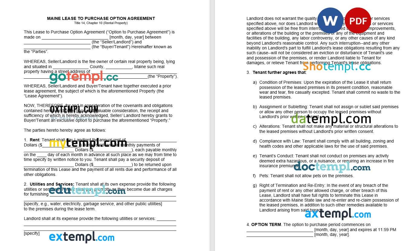 Maine Lease with Option to Purchase Agreement Word example, fully editable