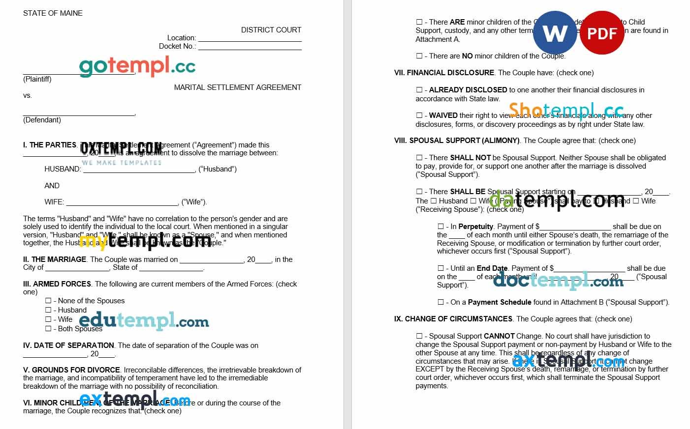 Maine Marital Settlement Agreement Word example, fully aditable