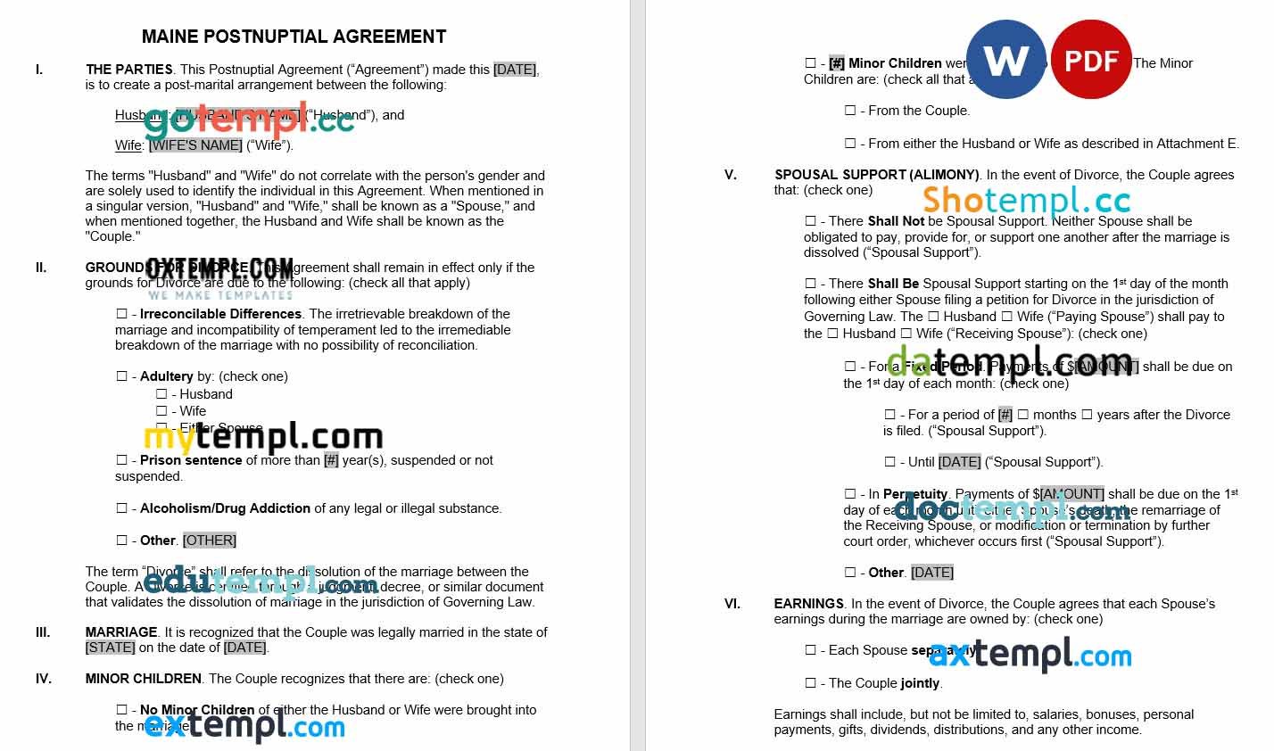 Maine Postnuptial Agreement Word example, fully editable