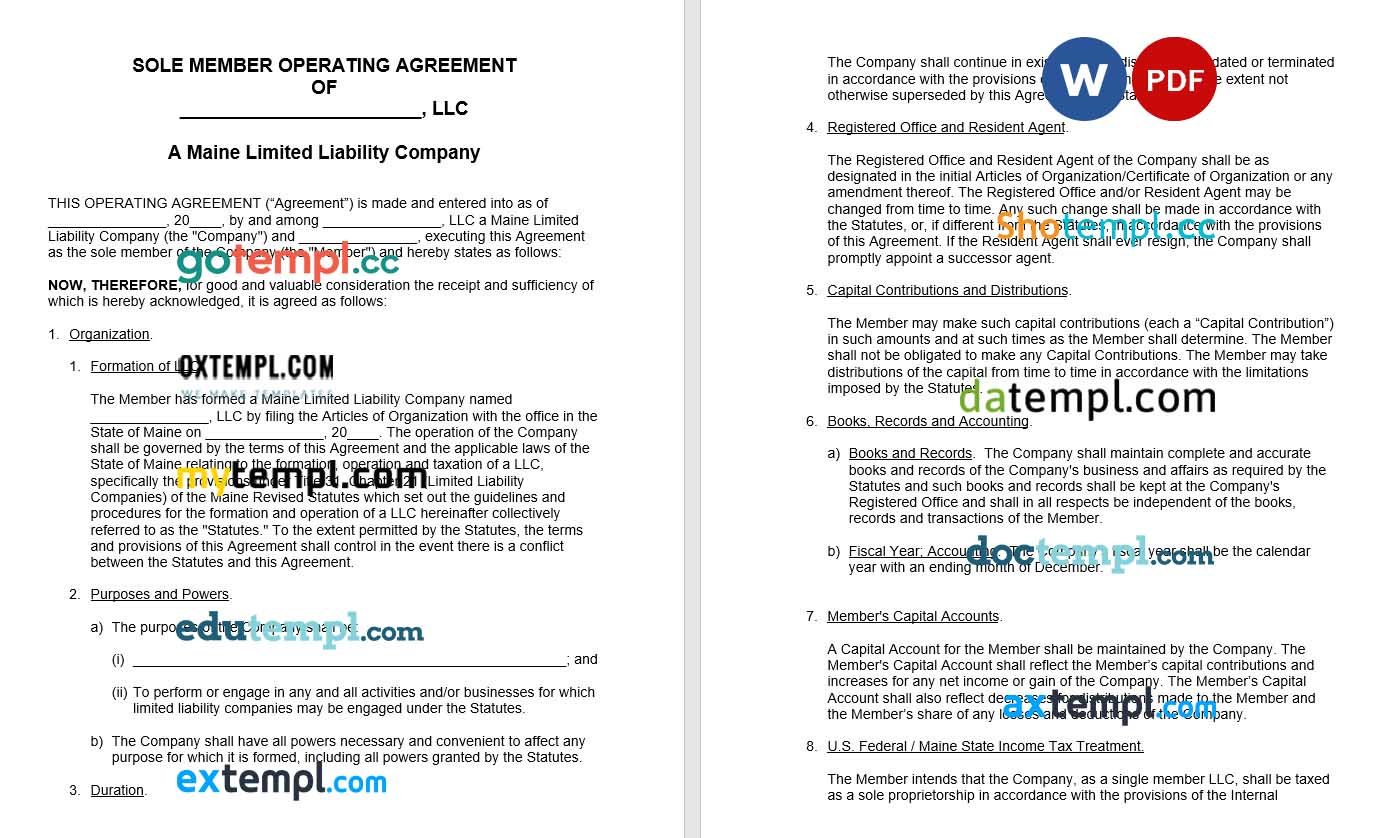 Maine Single-Member LLC Operating Agreement Word example, fully editable