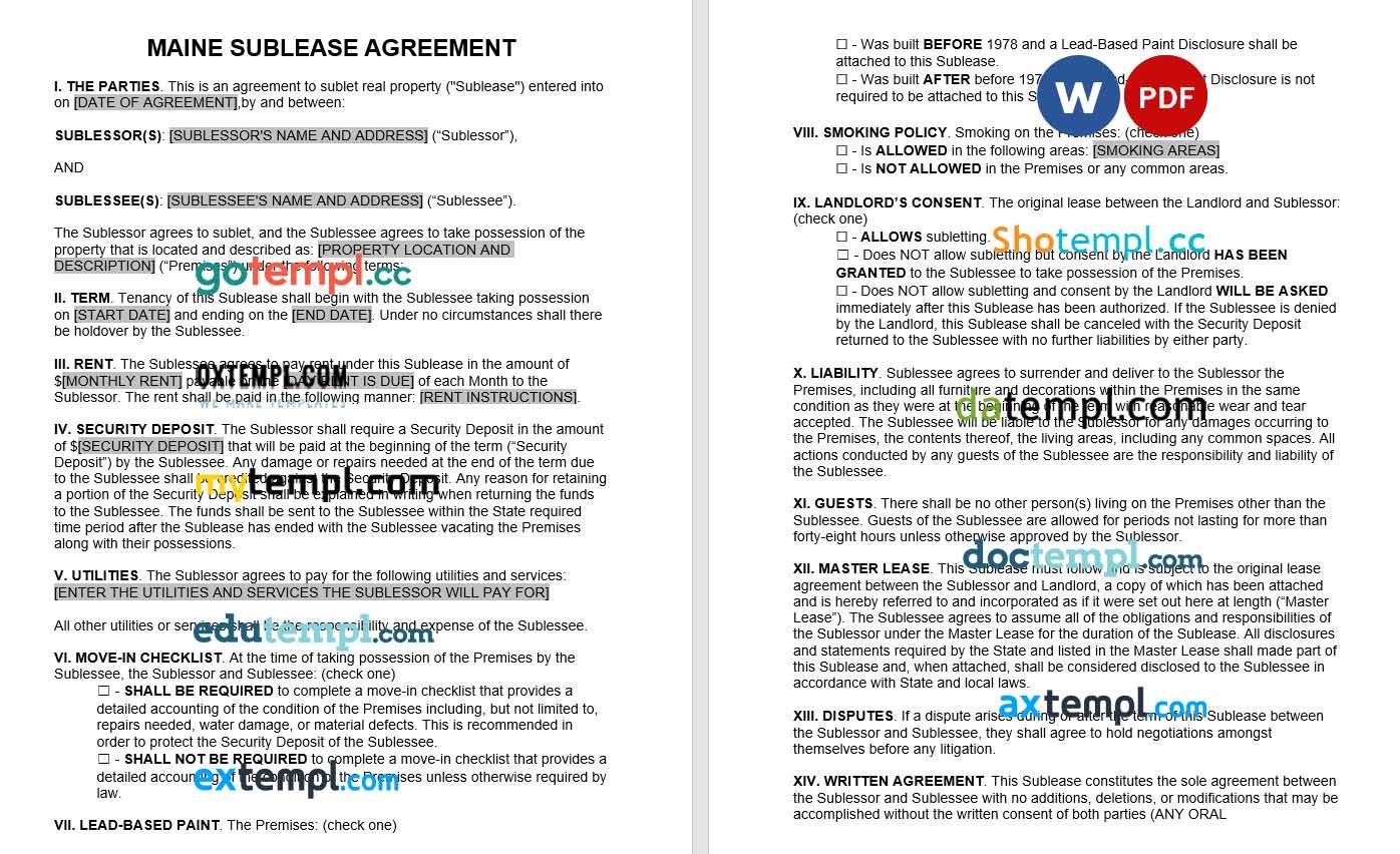 Maine Sublease Agreement Word example, completely editable