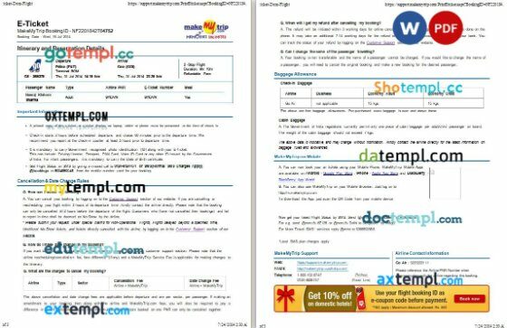 MakeMyTrip + Go Air airplane e-ticket, Word and PDF download template, 3 pages