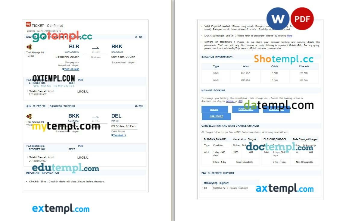 MakeMyTrip - Thai Airways Intl airplane e-ticket, Word and PDF download template, 3 pages