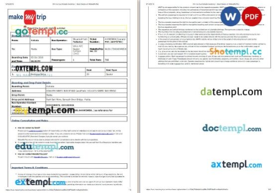 MakeMyTrip bus e-ticket, Word and PDF download template, 2 pages