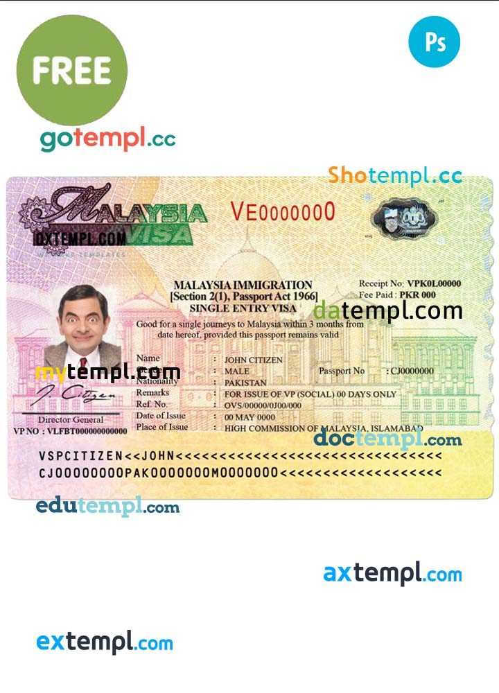 free download Malaysian Visa PSD example, completely editable