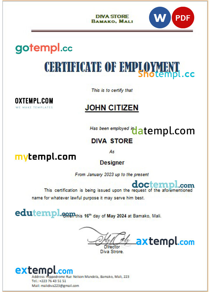 Mali Diva Store certificate of employment Word and PDF download template