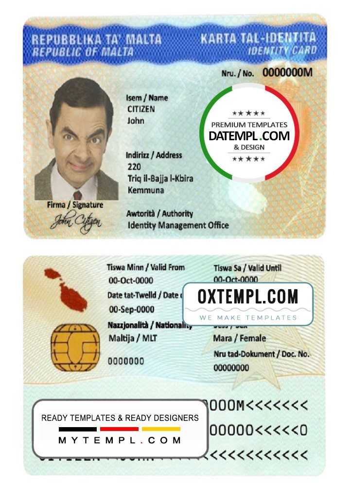 Maltese ID example in PSD format, fully editable