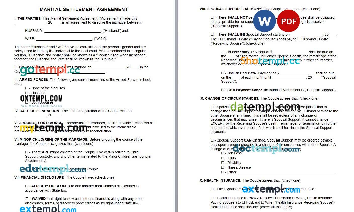 Marital Settlement Agreemen Word example, fully editable