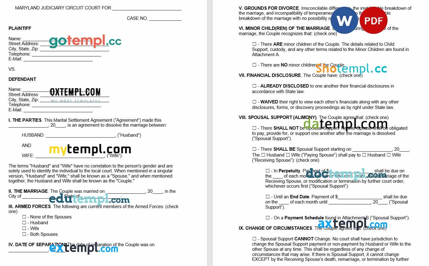 Maryland Marital Settlement Agreement word example, fully editable