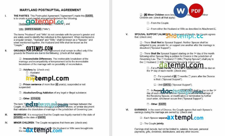 Maryland Postnuptial agreement Word example, fully editable