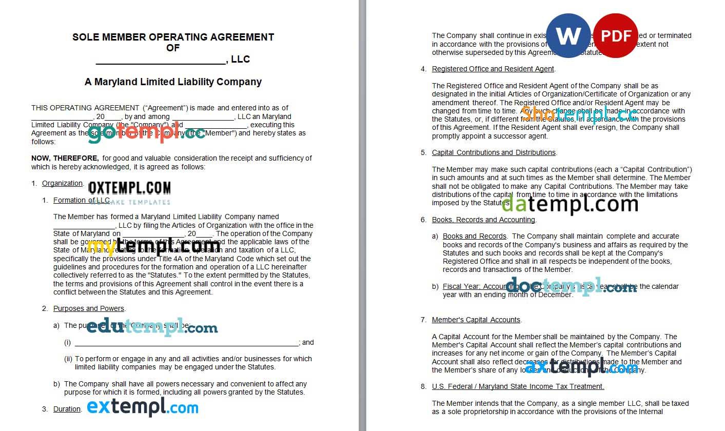 Maryland Single-Member LLC Operating Agreement Word example