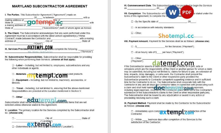 Maryland Subcontractor Agreement Word example, completely editable