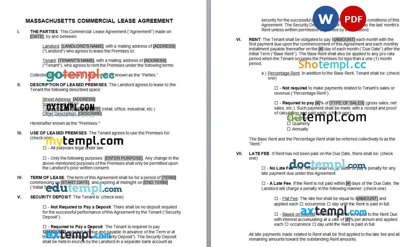 Massachusetts Commercial Lease Agreement Word example, fully editable