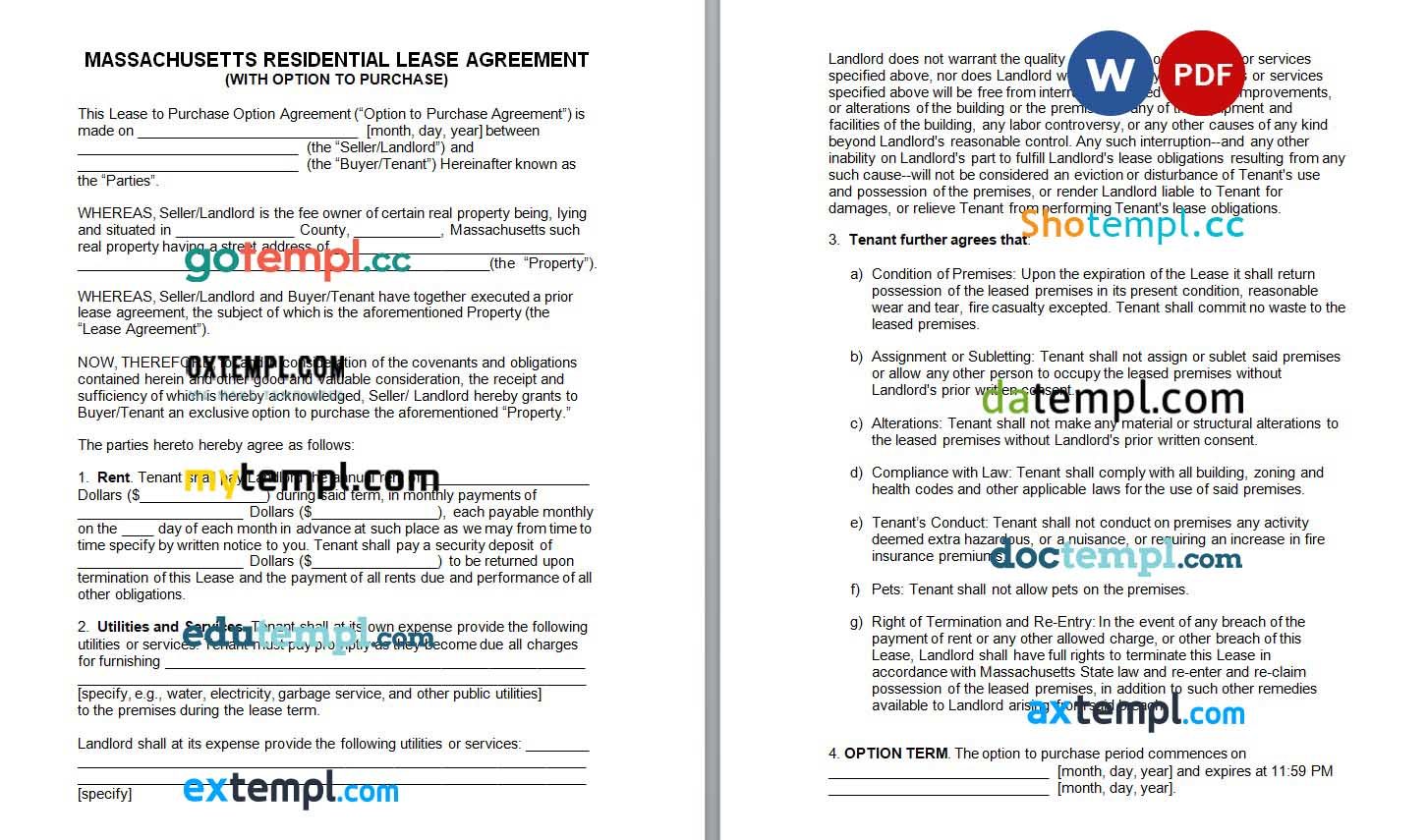 Massachusetts Lease Agreement Option to Purchase Word example