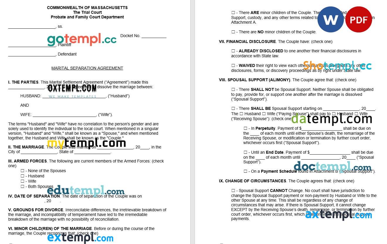 Massachusetts Marital Settlement Agreement Word example, fully editable